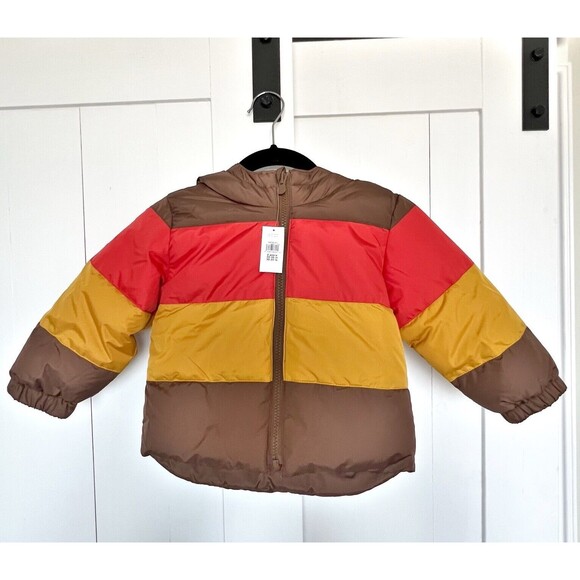 NWT Baby Gap Toddler Size 2 Puffer Coat  Color-block Reversible Brown/Red/Yellow - Picture 2 of 12